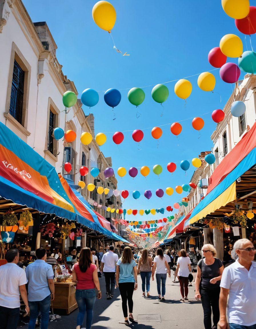 A joyful marketplace scene filled with vibrant and colorful goods, where delighted shoppers browse through an array of unique products. Bright banners showcasing rare finds and cheerful vendors interacting with customers, radiating positivity. The atmosphere is lively, with balloons and festive decorations enhancing the joyful ambiance. The sky is clear blue, symbolizing happiness and freedom. super-realistic. vibrant colors. white background.