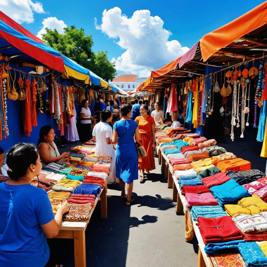 A vibrant marketplace filled with colorful stalls, showcasing exquisite merchandise like jewelry, clothing, and art. People of diverse backgrounds joyfully explore the shop displays, with smiles and laughter creating a warm atmosphere. In the background, a bright blue sky and fluffy white clouds enhance the sense of happiness and discovery. The scene is teeming with rich colors and inviting textures, making it feel lively and engaging. super-realistic. vibrant colors. white background.