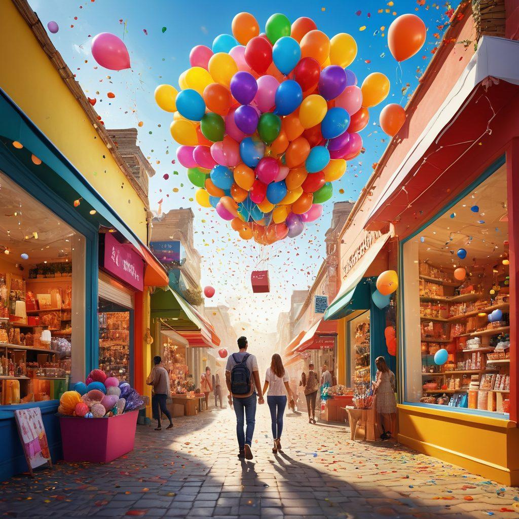A vibrant shopping scene depicting an array of colorful retail stores brimming with unique products, enthusiastic shoppers exploring and interacting, confetti and balloons floating in the air, and a warm sun illuminating the joyful atmosphere. The stores should showcase diverse items, from handmade crafts to modern gadgets, reflecting a sense of adventure and excitement in retail. super-realistic. vibrant colors. sunny background.